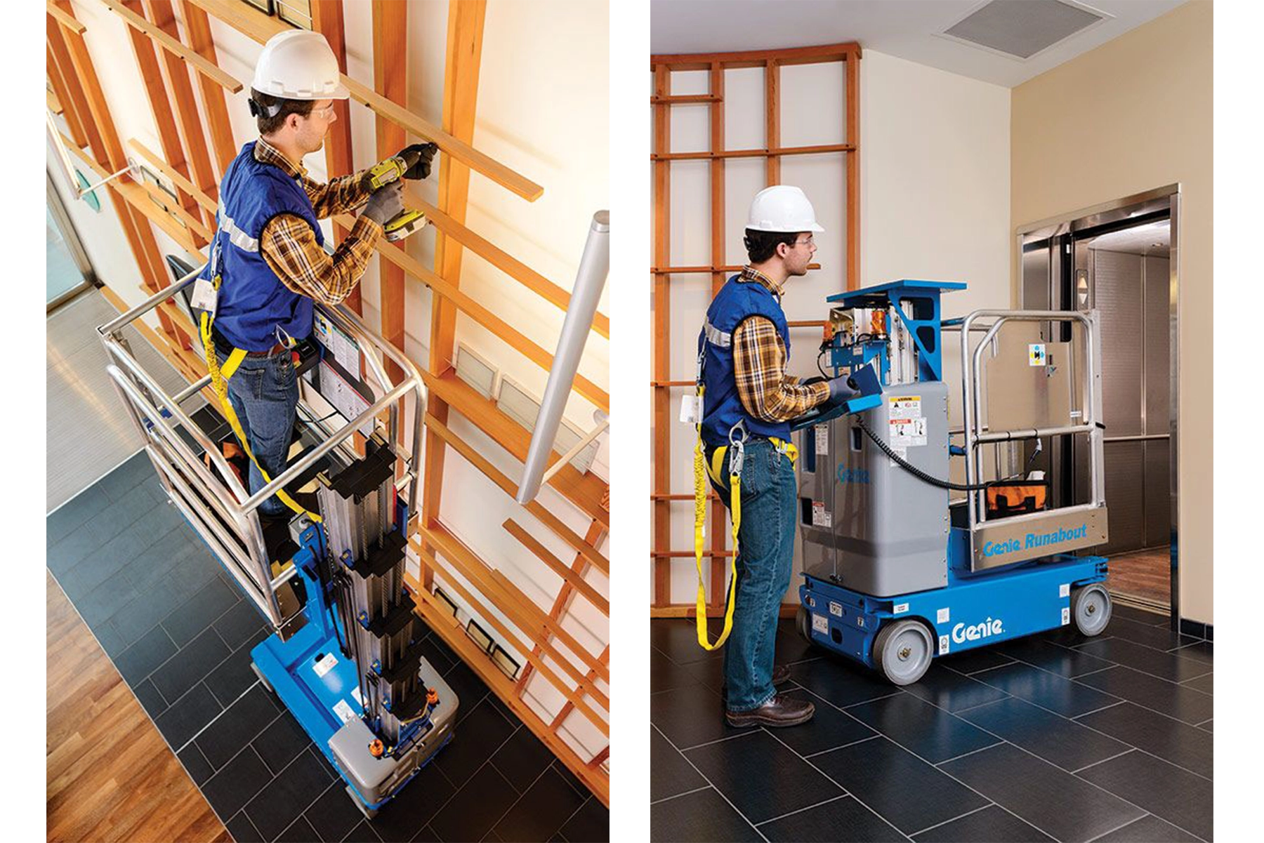A worker in a hard hat and safety gear operates a Genie GR-12 for rent